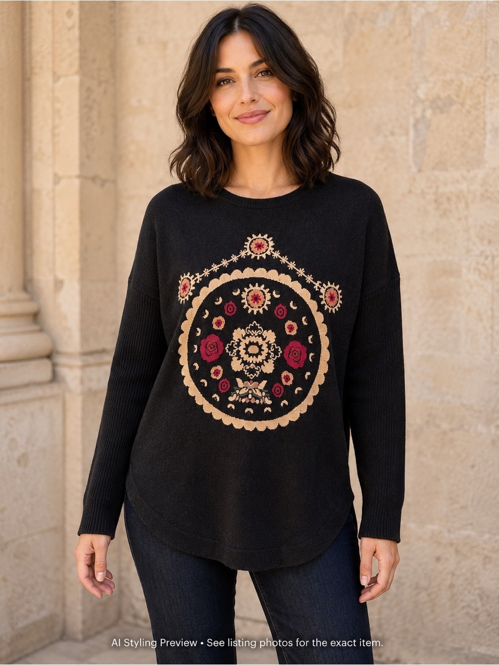 Gabby Isabella L Black Floral Medallion Tunic Sweater Lace Up Back Boho